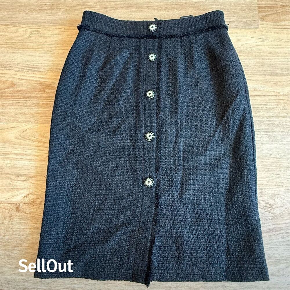 H&M Women's Black Tweed Button Front Midi Skirt Size 10